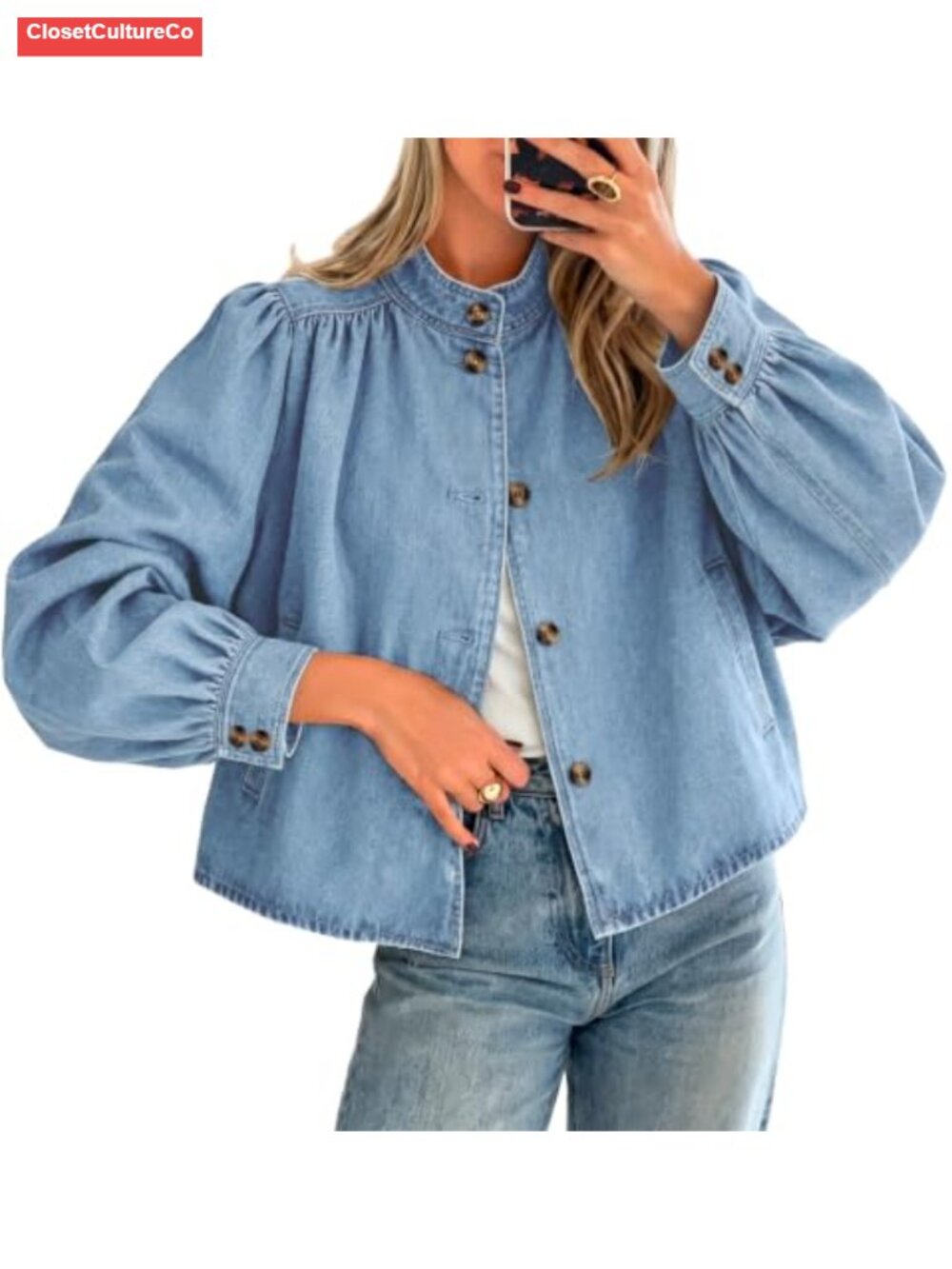 Womens Puff Long Sleeve Denim Jacket Button Down Loose Fit